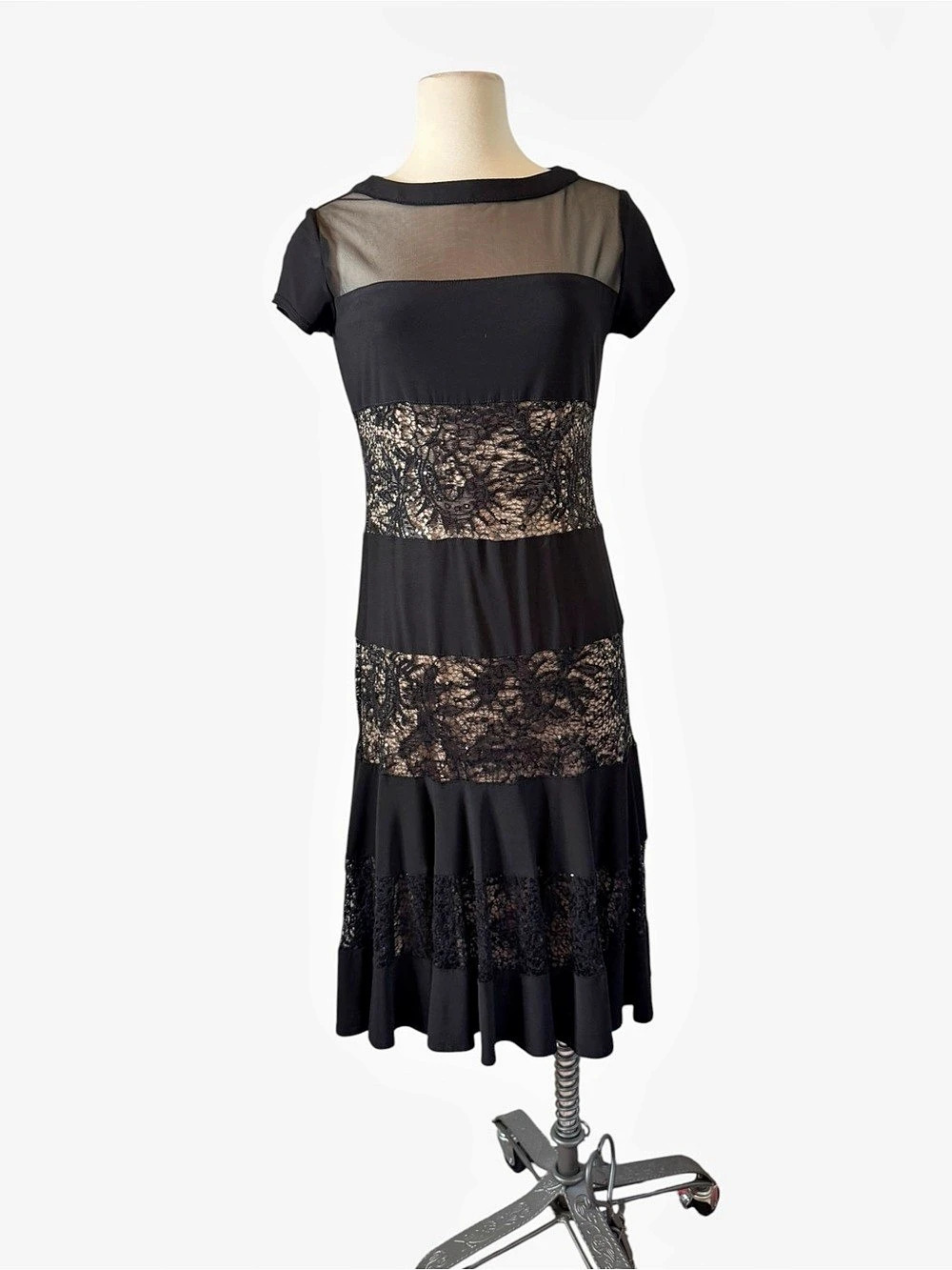 R&M Richards Floral Lace-Detail Midi Dress in Black & Gold Size 10 Like N